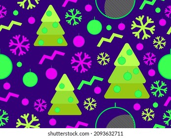 Christmas seamless pattern with fir trees, snowflakes and 80s style geometric shapes. Green and purple color. Design for wrapping paper, banners and product promotions. Vector illustration