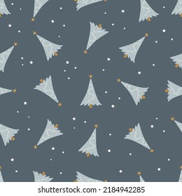 Christmas seamless pattern with fir trees and stars. Holiday design for fabrics, gift boxes, wrapping paper.