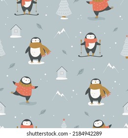 Christmas seamless pattern with fir trees, tine houses and adorable penguins. Holiday design for fabrics, gift boxes, wrapping paper.