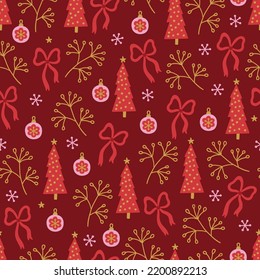 Christmas seamless pattern with fir trees, balls, bows, snowflakes on red background. Perfect for winter greeting card, New Year decoration, wallpaper, wrapping paper, fabric. Vector illustration