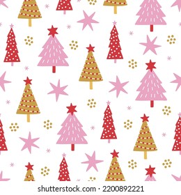 Christmas seamless pattern with fir trees, stars, snowflakes on white background. Perfect for winter greeting card, New Year decoration, wallpaper, wrapping paper, fabric. Vector illustration