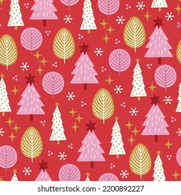 Christmas seamless pattern with fir trees, stars, snowflakes on red background. Perfect for winter greeting card, New Year decoration, wallpaper, wrapping paper, fabric. Vector illustration