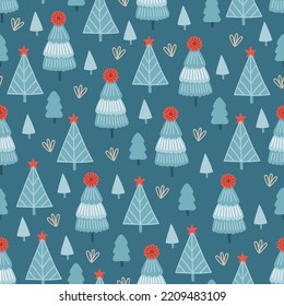 Patrón ininterrumpido de Navidad con abetos y estrellas de fondo azul. Perfecto para la tarjeta de saludo de invierno, decoración de Año Nuevo, papel pintado, papel envolvente, tela. Ilustración del vector