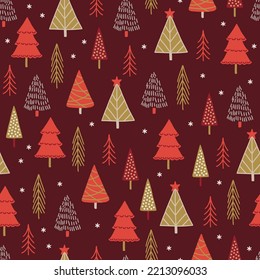 Christmas seamless pattern with fir trees, stars and snowflakes on dark background. Perfect for winter greeting card, New Year decoration, wallpaper, wrapping paper, fabric. Vector illustration