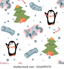Navidad sin fierros con abetos, pingüino con guirnalda y letras Be Merry,Be joyful.Blue, verde y rosa pastel con colores en blanco.Imprimir en tela y papel.Dibujo plano de dibujos animados.