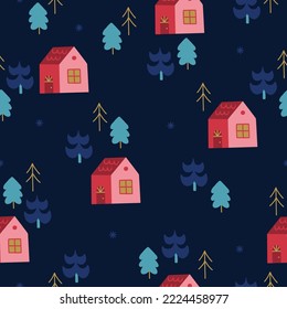Christmas seamless pattern with fir trees and houses on dark background. Perfect for winter greeting card, New Year decoration, wallpaper, wrapping paper, fabric. Vector illustration