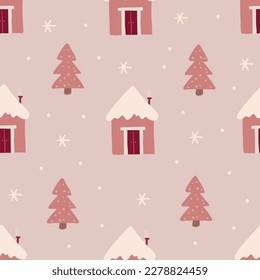 Christmas seamless pattern with fir trees, snowflakes, and houses on pink background. Scandinavian style. Perfect for winter holidays, Xmas wallpaper, wrapping paper, and fabric. Vector illustration. 