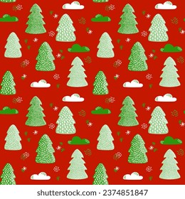 Navidad sin fierros con abetos, nubes, copos de nieve y elementos de doodle. Rojo y verde.