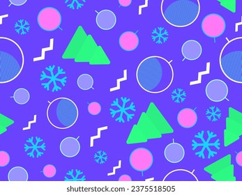 Christmas seamless pattern with fir trees, snowflakes and Christmas balls. 80s Memphis geometric Xmas tree decorations. Holiday design for print, wrapping paper and banners. Vector illustration