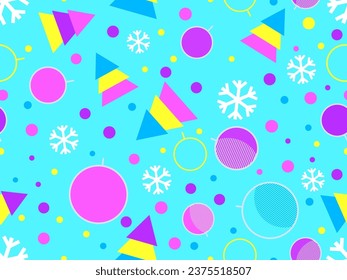 Christmas seamless pattern with fir trees, snowflakes and Christmas balls. 80s Memphis geometric Xmas tree decorations. Holiday design for print, wrapping paper and banners. Vector illustration