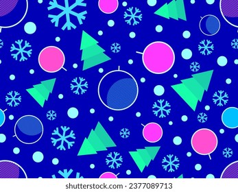 Christmas seamless pattern with fir trees, snowflakes and Christmas balls. 80s Memphis geometric Xmas tree decorations. Holiday design for print, wrapping paper and banners. Vector illustration