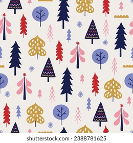 Christmas seamless pattern with fir trees and snowflakes on white background. Perfect for wallpaper, gift paper, winter greeting cards. Vector illustration