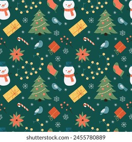 Christmas seamless pattern with fir trees, snowmen and gifts.