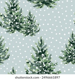 Christmas seamless pattern, fir trees, snow, gray background. Vector illustration. Nature design. Season greeting. Winter Xmas holidays