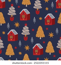 Weihnachten nahtloses Muster mit Tannenbäumen, Sternen, Häusern auf dunklem Hintergrund. Perfekt für Tapeten, Geschenkpapier, Winter-Grußkarten. Vektorgrafik