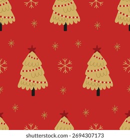 Natal padrão sem costura com abetos, estrelas e flocos de neve em fundo vermelho. Perfeito para papel de parede, papel de presente, cartões comemorativos de inverno. Ilustração desenhada à mão vetorial