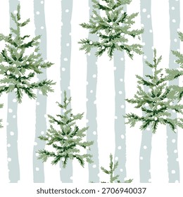 Navidades sin patrón, abetos, nieve, fondo rayado. Ilustración vectorial. Diseño de Naturaleza. Saludo de temporada. Vacaciones de invierno