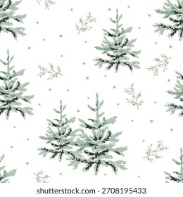 Navidades sin patrón, abetos, ramitas, estrellas, fondo blanco. Ilustración vectorial. Diseño de Naturaleza. Saludo de temporada. Vacaciones de Navidad de invierno