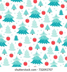 Christmas seamless pattern with fir trees, balls and snowflakes on white background. Perfect for wallpaper and greeting cards 