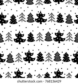 Christmas seamless pattern with fir trees and snow in black and white. Perfect for wallpaper and greeting cards