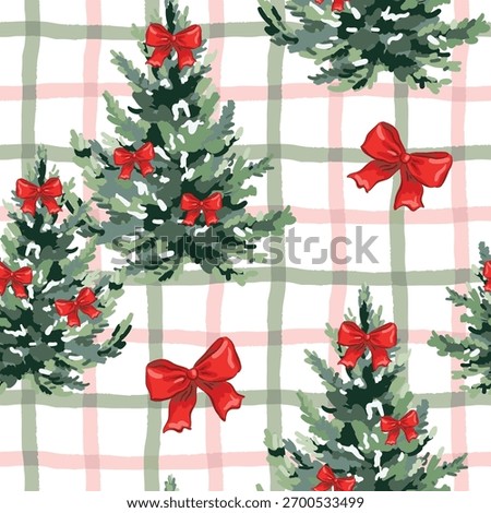 Christmas seamless pattern, fir trees, red bows, gingham background. Vector illustration. Nature design. Season greeting. Winter holidays
