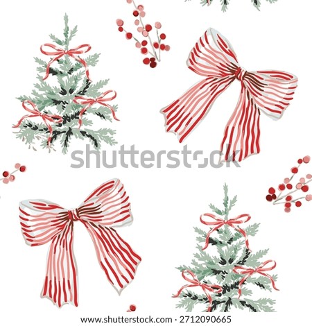 Christmas seamless pattern, fir trees, red bows, berries, white background. Vector illustration. Nature design. Season greeting. Winter holidays wrapping