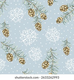 Christmas seamless pattern, fir twigs with cones, snowflakes, snow, gray background. Vector illustration. Nature design. Season greeting. Winter holidays