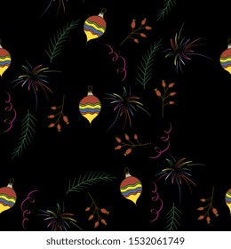 Christmas seamless pattern with firework, berries and spruce branches and Christmas balls. Holiday background for New Year, Christmas and holidays.