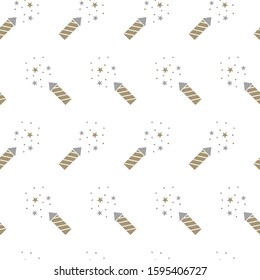 Christmas seamless pattern with fireworks and stars on white background. Vector illustration. New Year background. For web, wrapping paper, scrapbooking, for printing on textile, crockery, package.