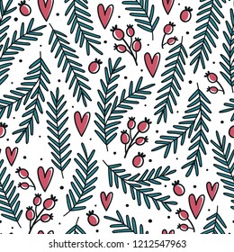 Christmas seamless pattern with firs branches and berries. Doodle style