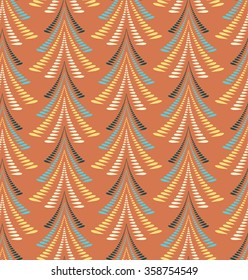 Christmas seamless pattern. Firs, trees on orange background. Twist stylized ornament of laurel leaves. Winter, New Year, nature texture. Vector