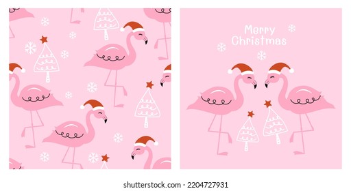 Christmas seamless pattern with flamingo birds, Santa hats,  Christmas tree, stars and snowflakes on pink background vector illustration. 