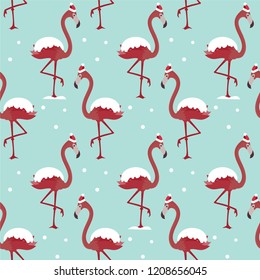 Christmas seamless pattern with flamingo in red hat under snow.