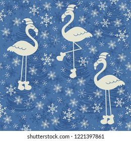 Christmas seamless pattern with flamingo and snowflakes for greeting cards, wrapping papers. Hand drawn Vector illustration.
