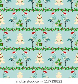 Christmas seamless pattern with flamingos in hats
