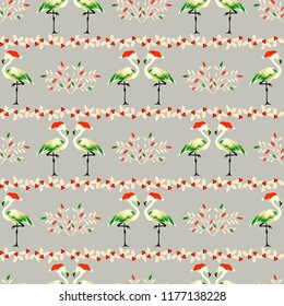 Christmas seamless pattern with flamingos in hats
