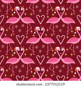 Christmas seamless pattern with flamingos on red background. Bright Flamingo New Year and Christmas Background. Vector Illustration.	