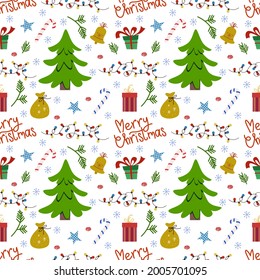 Christmas seamless pattern. Flat cartoon style illustration isolated on white background.
