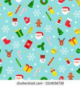 Christmas seamless pattern with flat icons on blue background. Holiday elements design. Vector winter illustration. For greeting cards, gifts, wrapping paper, fabric, web.