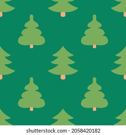 Christmas seamless pattern. Flat Christmas trees without decor. Simple green spruces. Monochrome winter festive texture for gift, paper, cover. Green background for new year. Kids cute forest backdrop