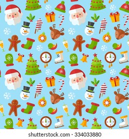 Christmas seamless pattern with flat winter elements - Santa, deer, gingerbread cookie, stocking, xmas tree, snowflakes