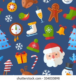 Christmas seamless pattern with flat winter elements - Santa, deer, gingerbread cookie, stocking, xmas tree, snowflakes