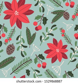 Christmas seamless pattern with floral decoration and poinsettia isolated on bright blue background. Vector illustration for wrapping paper, fabric, greeting cards. Holiday design.