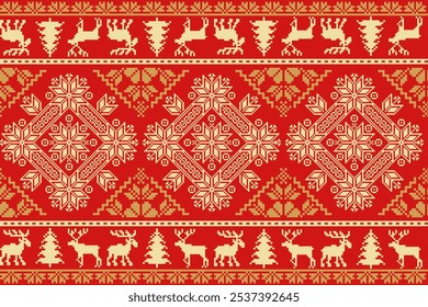 Christmas seamless pattern with floral, deer, Christmas tree as pixel art style background in red, green, gold. Vector element for new year, Christmas wrapping, banner, print, fabric, textile, fashion