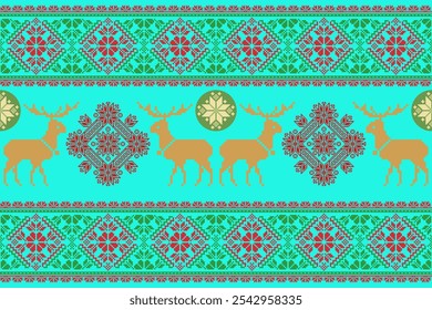 Christmas seamless pattern with floral, deer, snowflakes as pixel style in red, green, gold. Vector element illustration for Xmas new year textile, fabric, Christmas wrapping, banner, print, wallpaper