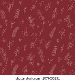 Christmas seamless pattern with floral design elements. Christmas fir tree branch, holly, mistletoe. Repeat New Year texture with doodle hand drawn winter plants. Vector illustration