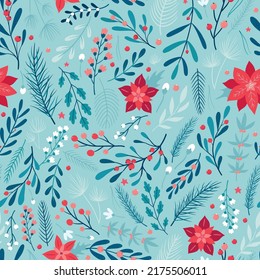 Christmas seamless pattern with floral elements and flowers on blue background. Good for prints, cards, backgrounds, wallpaper, scrapbooking, stationary, wrapping paper, etc. EPS 10