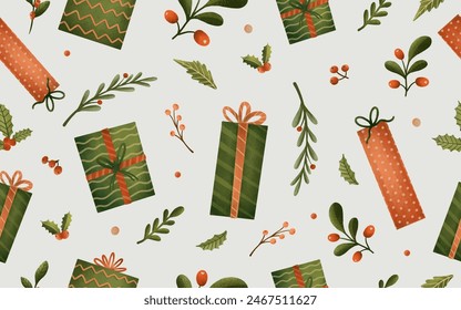 Christmas seamless pattern with floral and gift ornament for holiday gift wrap  wallpaper  or textile