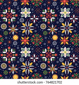 Christmas seamless pattern with floral snowflakes. Merry Christmas design. Vector illustration. 