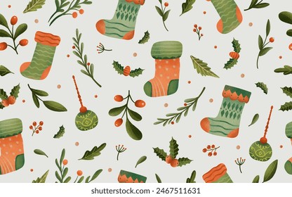 Christmas seamless pattern with floral and socks ornament for holiday gift wrap, wallpaper  or textile